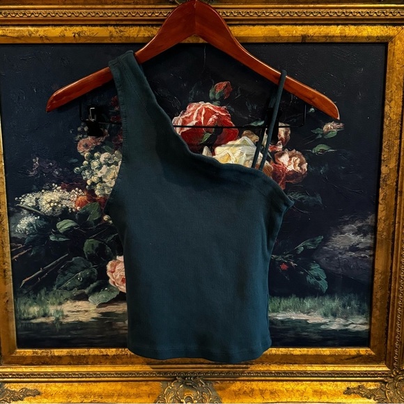 FP We the Free Green Ribbed One Shoulder Scallop Trim Crop Top Small - Picture 1 of 4